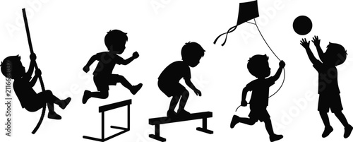 Children Playing Silhouette Collection with Outdoor Games and Active Kids Vector Set