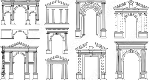 Classical Architectural Archway Collection with Ornamental Columns and Historic Entrance Vector Set