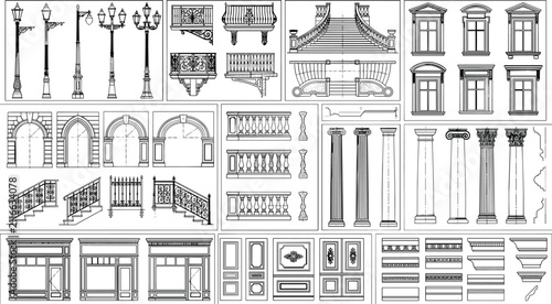 Classic Architectural Elements Collection with Windows Columns Railings Doors and Decorative Vector Details
