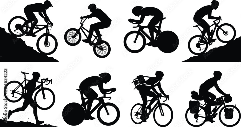 Fototapeta premium Cyclist Silhouette Collection with Road Mountain BMX and Touring Bicycle Rider Vector Set