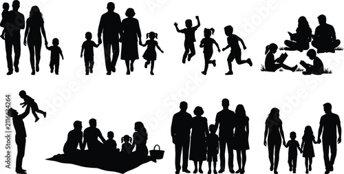 Family Silhouette Collection with Parents Children Grandparents and Everyday Lifestyle Vector Set