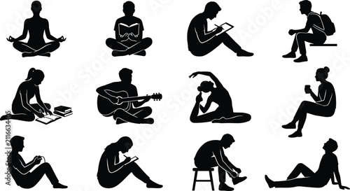 People Sitting Silhouette Collection with Reading Studying Yoga and Leisure Lifestyle Vector Set