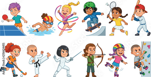 Kids Sports Activities Cartoon Character Collection with Young Athletes Playing Multiple Games Vector Set