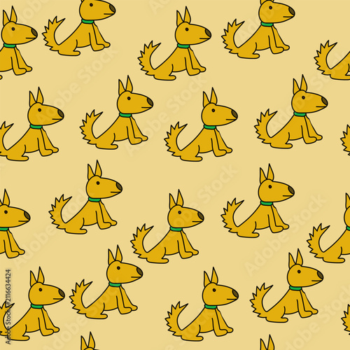 seamless pattern with yellow dogs in collars on beige background, vector illustration in simple doodle style