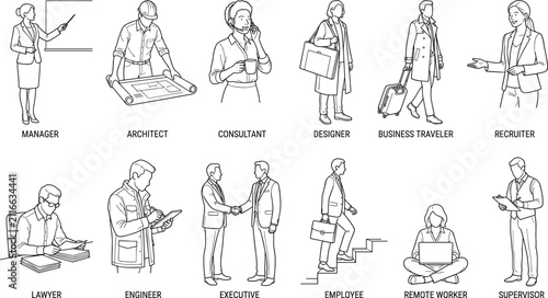 Professional Business Occupation Line Art Characters Collection with Corporate Worker Career Illustrations