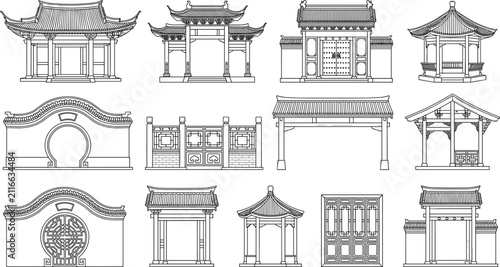 Traditional East Asian Architectural Elements Collection with Temple Gates Pavilions and Wall Vector Set
