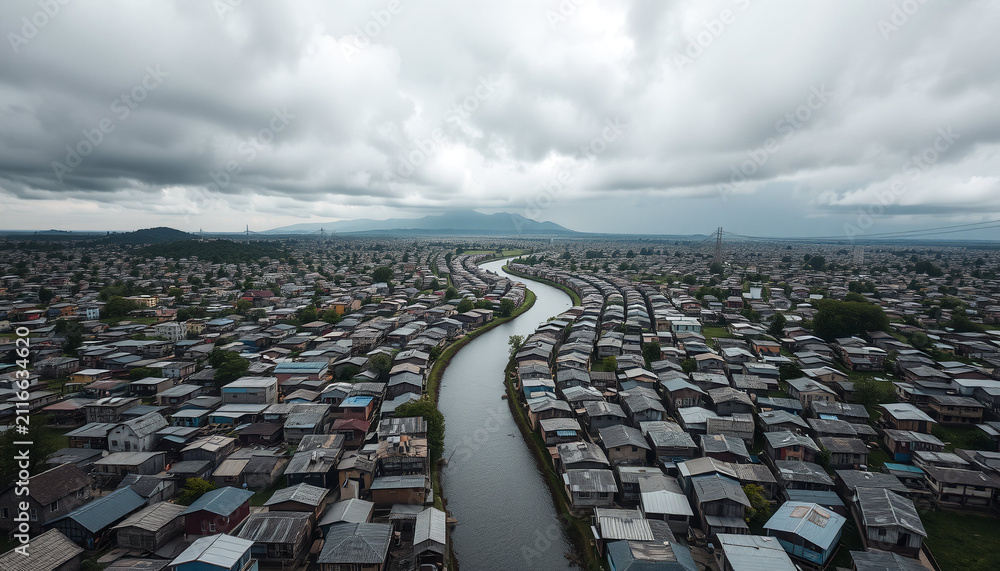 Fototapeta premium Aerial View of Dense Urban Settlement with River Under Overcast Skies