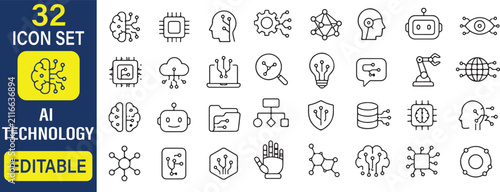 32 AI Technology Vector Outline Icons Set – Artificial Intelligence, Machine Learning, Neural Network and Automation Line Symbols Collection
