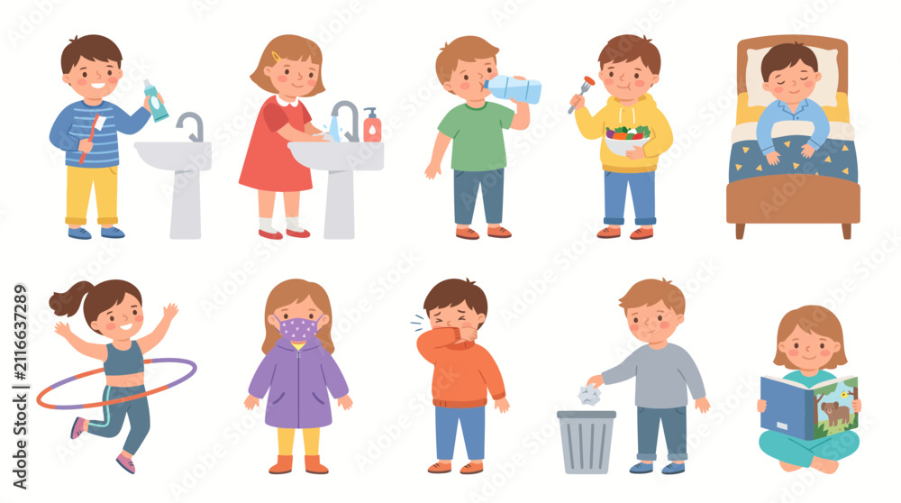 Fototapeta premium Cute Children Performing Daily Healthy Habits and Positive Lifestyle Activities for Kids Education Vector Set