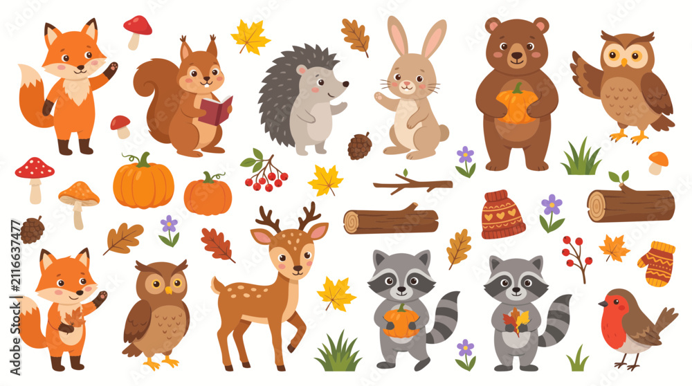 Fototapeta premium Cute Autumn Forest Animals and Nature Elements Set with Fox, Bear, Deer, and Pumpkins for Kids Design