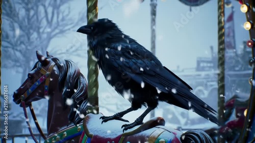 Cinematic close-up of a large black raven perched on a colorful carousel horse at an abandoned carnival during heavy winter snowfall with a blurred cold outdoor background.