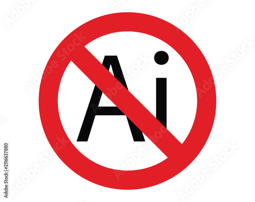 Konstfotografi No AI Symbol: A red prohibition sign overlays the letters AI with a dot, clearly indicating a restriction or disapproval of artificial intelligence