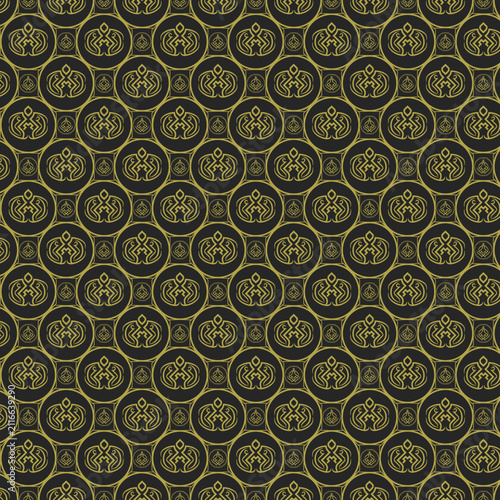 Seamless pattern with golden ornate circular floral motifs on dark background