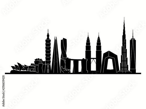 Canvas Print Famous world city skylines silhouette with iconic landmarks