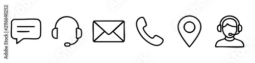 Hand-drawn contact us icon set featuring message bubble, headset, email envelope, telephone, location pin, and support agent. Minimalist doodle style for customer service and help desk web design.