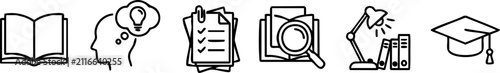 Konstfotografi Education and learning line icons featuring an open book, creative idea bulb, checklist, research magnifying glass, study lamp, and graduation cap