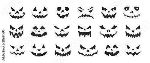 Set of fifteen hand drawn scary pumpkin faces for halloween with halloween collection jackolantern expression frightening horrifying decoration isolated stencils templates