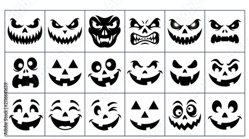 Collection of jackolantern carving stencil faces for halloween pumpkin decoration with halloween jackolantern template expression decoration collection isolated celebration seasonal crafting