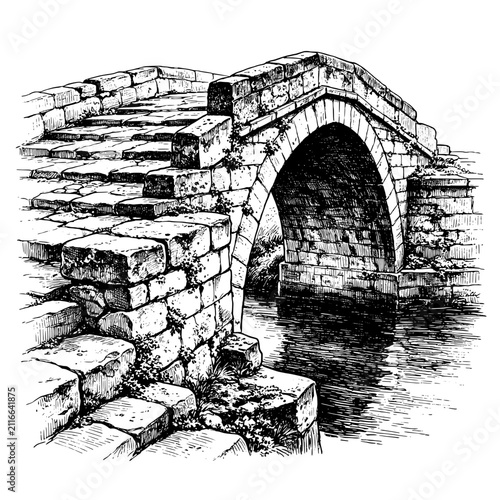 Detailed hand-drawn illustration of a arranged stone bridge