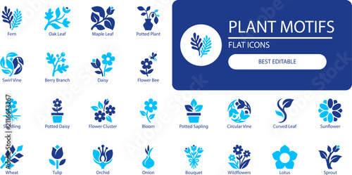 Botanical symbols vector icon set. Minimal outline collection of flowers, leaves and potted plants for nature design