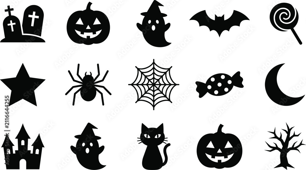 Fototapeta premium Halloween Silhouette Icon Set with Pumpkin Ghost Bat Castle Cat and Spooky Symbols