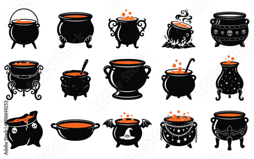 Set of spooky halloween vector elements featuring magical witch cauldrons with bubbling potions and mystical festive decorations