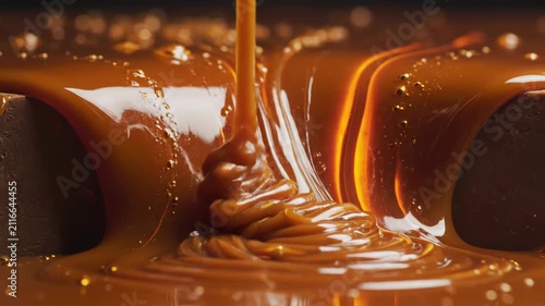 Close-up macro of viscous melted caramel pouring and flowing over a dark surface, creating thick ripples and golden reflections similar to molten lava in a canyon formation with bubbles.