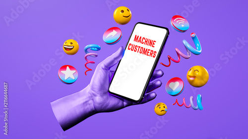 Machine Customers Concept on Smartphone Screen with 3D Mobile Commerce and AI Interaction
