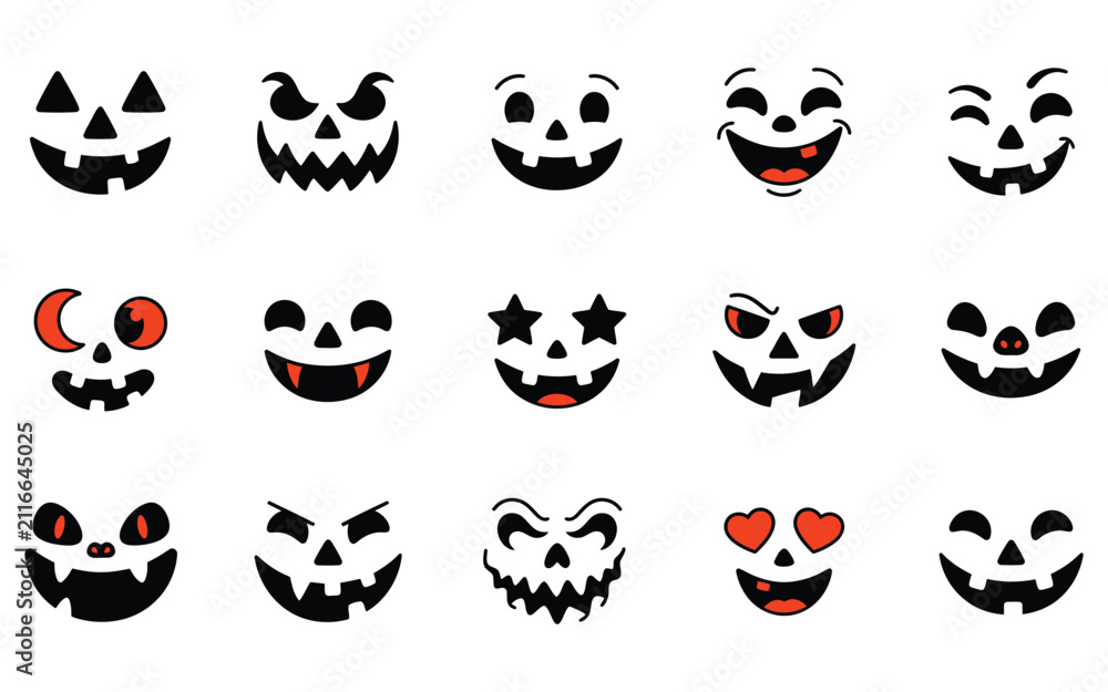 Obraz premium Collection of scary and funny pumpkin faces as halloween vector elements for festive holiday design and decoration