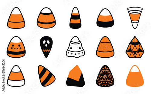 Set of cute hand drawn halloween vector elements featuring various styles of candy corn for seasonal holiday design projects