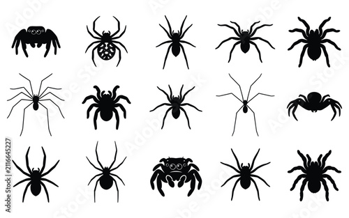 Set of black spider silhouettes as spooky halloween vector elements for festive holiday decorations and graphic design projects