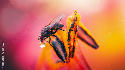 Konstfotografi Fly with water droplet (droplet bubbling) on orange lily flower stamens, beautif