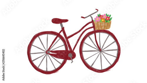 Foto Hand-drawn red vintage bicycle illustration PNG with a wicker basket filled with