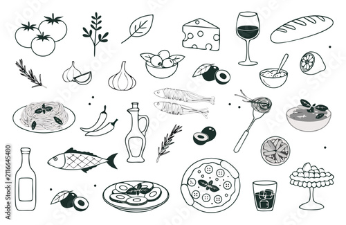 Obraz na płótnie Italian food doodles in a simple line art style with abundant copy space for des