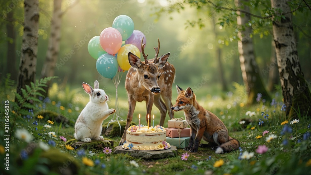 Fototapeta premium Forest animals gather around a delicious birthday cake with colorful balloons in a serene and sunny woodland setting.