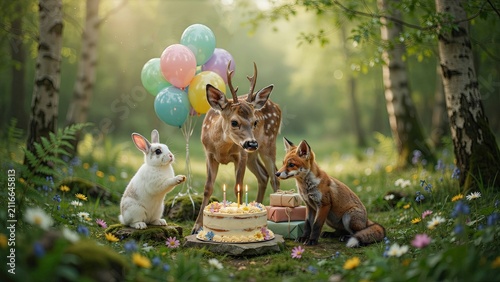 Forest animals gather around a delicious birthday cake with colorful balloons in a serene and sunny woodland setting.