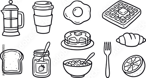 Moka Pot Coffee Breakfast Hand Drawn Doodle Vector Set | Morning Beverage and Cafe Sketch Illustration