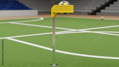 A detailed shot of a Korfball net on a green court with stadium seating in the background, highlighting the game's equipment and sport's environment.