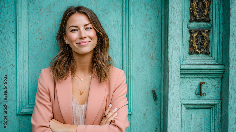 Fototapeta premium Confident Woman Smiles by Teal Door, Professionalism and Approachability