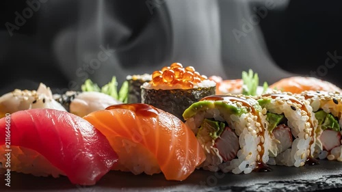 Assorted gourmet sushi platter featuring salmon nigiri, tuna nigiri, uramaki rolls with avocado, and salmon roe gunkan maki on black slate with steam against dark background.