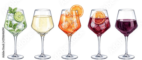 watercolor wine and spritz cocktail illustration set with hugo spritz white wine aperol spritz red sangria and red wine in stemmed glasses 