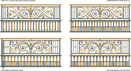 Fotografie Ornamental iron railings and gilded balustrade vector designs