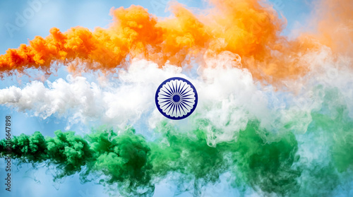  Indian flag Tiranga color smoke graphic texture background with Ashok chakra, Indian republic day or independence day celebration concept, soft blue sky background, copy space