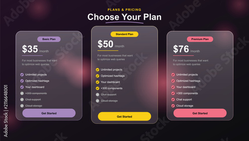 Modern website pricing table template with three subscription plans featuring dark background design and colorful buttons for professional business software service packages