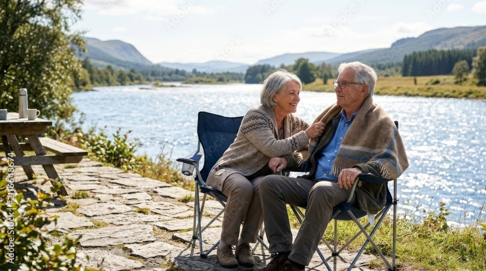 Fototapeta premium Elderly couple sharing a warm moment by the river, woman tucking blanket around husband