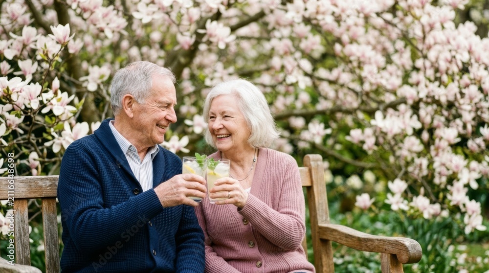 Fototapeta premium Joyful elderly couple toasting with lemonade on a bench under a blooming magnolia tree