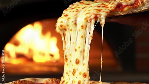 Close-up of a slice of artisan cheese pizza being lifted with a long cheese pull of melted mozzarella, featuring a wood-fired brick oven with a glowing fire in the background.
