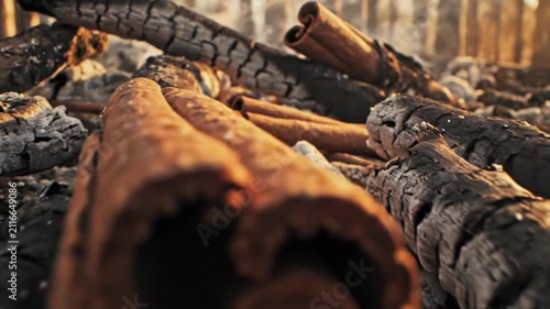 Macro view of charred cinnamon sticks and charcoal debris resembling fallen logs in a burnt forest, lying on grey ash with warm golden light and shallow depth of field.