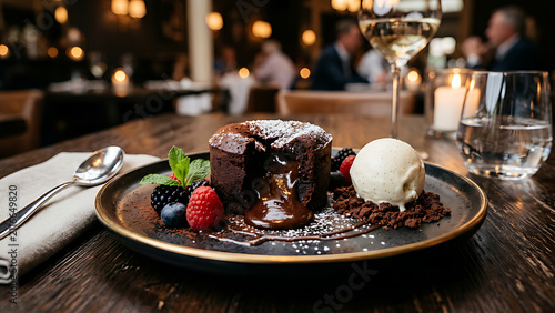 Chocolate lava cake with molten chocolate center, vanilla ice cream, fresh berries and mint on elegant dessert plate, luxury restaurant presentation, cinematic lighting, premium commercial food 