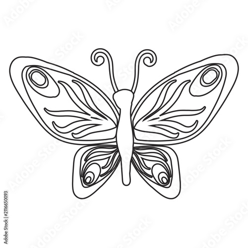 Butterfly in doodle style, linear drawing. Vector illustration isolated on white background.